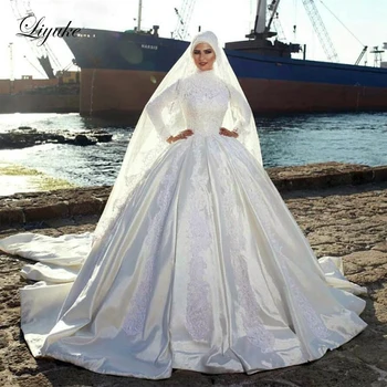 Великолепное Бальное Платье Liyuke, Мусульманское Свадебное Платье С Длинным Рукавом, Арабское Свадебное Платье Для Новобрачных С Королевским Шлейфом