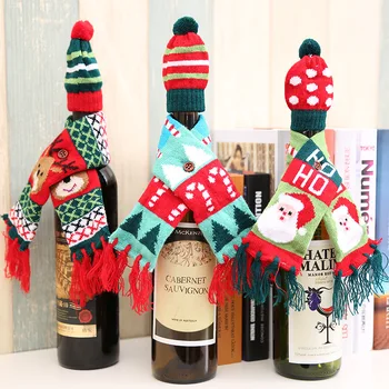 Рождественский комплект свитеров с бутылкой вина, Рождественские украшения для дома, вязаный шарф-шапка, набор елочных лося Санта-Клауса