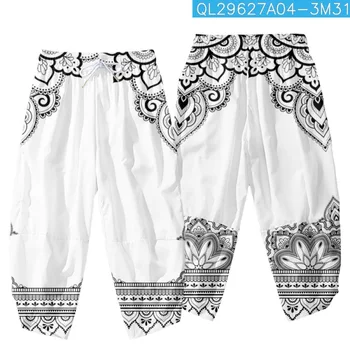 Белые японские Укороченные брюки с принтом цветов Кешью, пара повседневных брюк-кимоно с эластичной резинкой на талии, уличная одежда Harajuku