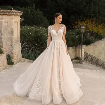 Очаровательное иллюзионное свадебное платье с аппликацией и длинными рукавами, роскошное свадебное платье для женщин со шлейфом принцессы Ватто