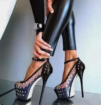 Новые дизайнерские прозрачные туфли-лодочки Rievt из ПВХ, Женская обувь с открытым носком, женские туфли-лодочки на платформе из черной лакированной кожи на высоком каблуке