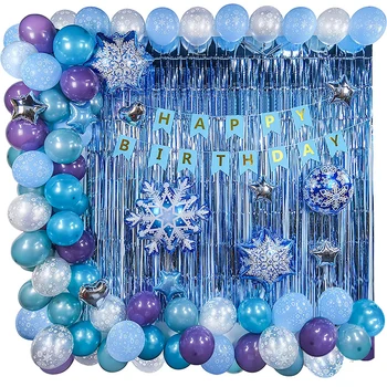 Тематическая вечеринка с воздушными шарами Blue Frozen, баннер с Днем Рождения, Снежинка, Занавески от дождя, Украшение для Юбилея девушки, Воздушный шар-Глобус