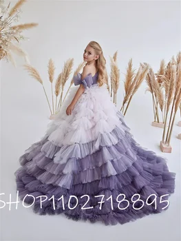 Градиентное платье в цветочек для свадебной вечеринки, бальное платье с бантом на одно плечо, тюлевое детское платье принцессы длиной до пола, элегантное