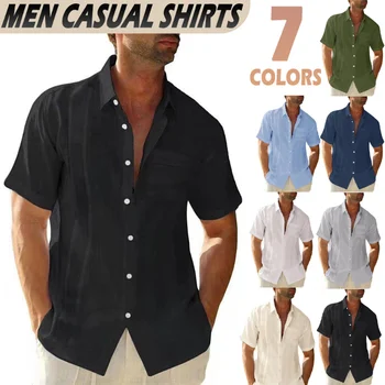 Мужская рубашка с коротким рукавом, летняя хлопчатобумажная льняная тонкая удобная рубашка, повседневные однотонные официальные топы на пуговицах, мужская одежда.