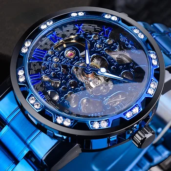 Механические часы Winner с прозрачным бриллиантом, синие часы-скелет из нержавеющей стали, лучший бренд класса люкс, деловые люминесцентные мужские часы