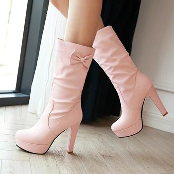 Модные женские осенне-зимние ботинки из искусственной кожи, розово-белые ботинки до середины икры, женские вечерние туфли на платформе и каблуке с круглым носком, Женские туфли для вечеринок