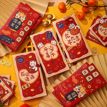 6шт Красных конвертов на китайский Новый год, Год дракона, красный карман 2024, Китайский Весенний фестиваль, Карман на удачу, подарки для детей Оптом