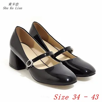 Женские туфли-лодочки на среднем высоком каблуке с ремешком на щиколотке, женские туфли с квадратным носком, большие размеры 34-43