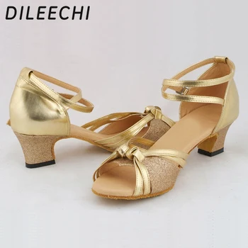 DILEECHI Gold PU/ взрослые женские туфли для латиноамериканских танцев из искусственной кожи, карликовые туфли для бальных танцев на низком каблуке, танцевальные туфли на толстом каблуке 4,5 СМ