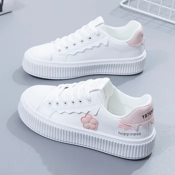 Милые маленькие белые туфли в цветочек, женские весенние новинки 2023 года, женские туфли на плоской подошве с кожаным верхом, Женская обувь
