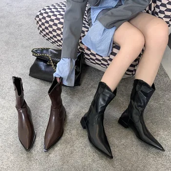 Женские сапоги с острым носком на низком каблуке; Новинка осени 2023 года; женская обувь; женские ботинки; обувь в стиле Лолиты