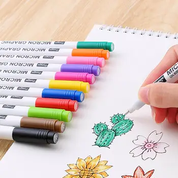 12шт Универсальная Линейная ручка Быстросохнущие чернила Ручка для рисования Пластиковая ручка с микроконтиком Fineliner Школьные принадлежности