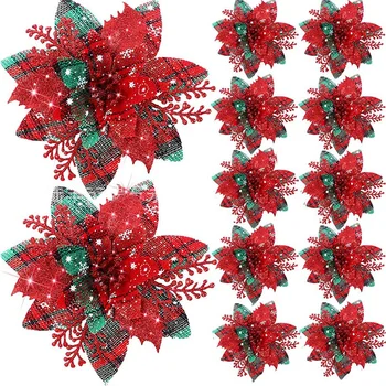 20 штук 14,5 см Блестящих искусственных рождественских цветов, Украшения для Рождественской елки, Украшения для Нового года, Рождество, E