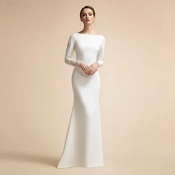 Элегантные простые свадебные платья Русалки с длинными рукавами цвета слоновой кости Мусульманские свадебные платья для невесты Атласное кружево Vestidos De Novia 2022