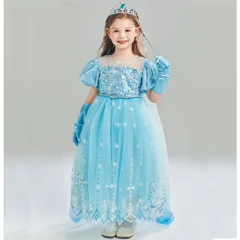 Платье принцессы с блестками, костюм Снежной королевы Эльзы, маскарадный костюм для девочек, детский день рождения с аксессуарами