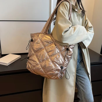 Женская сумка через плечо из фугу, простая однотонная сумка с верхней ручкой, мягкая стеганая сумка для подмышек, повседневная сумка для подмышек большой емкости