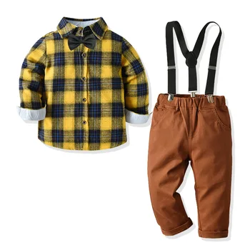Бутик одежды для мальчиков 1, 2, 3, 4, 5, 6 лет, осенне-весенняя клетчатая рубашка с длинными рукавами и однотонными брюками, модные детские наряды на День рождения