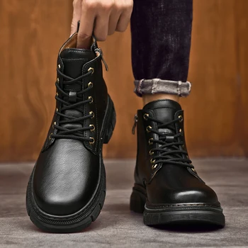 Уличная Мужская обувь, Зимние ботинки для мужчин 2023 года, Мужская Повседневная обувь из натуральной кожи с высоким берцем, Стильные Универсальные Военные ботинки для мужчин