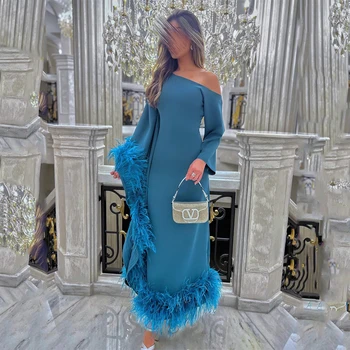 Арабские эластичные синие платья для выпускного вечера с длинными рукавами, Русалка, Сексуальные перья с открытыми плечами, длина до щиколоток, официальная вечеринка в Саудовской Аравии.