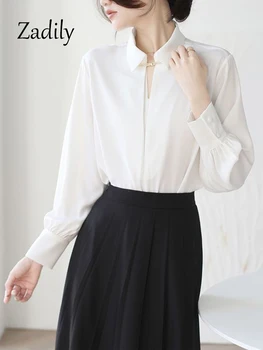Zadily 2024, Весенняя Офисная женская Белая базовая рубашка с длинным рукавом в Корейском стиле, блузка на пуговицах с блестками, Элегантная Рабочая одежда