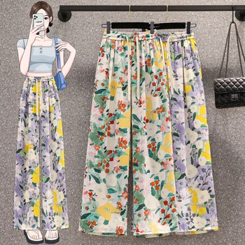 Женские широкие брюки с цветочным рисунком большого размера, летняя новинка, модный богемный курортный стиль, шифоновые повседневные прямые брюки с драпировкой и высокой талией