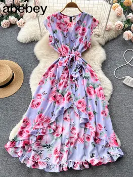 Женское платье с цветочным рисунком для пляжного отдыха, V-образный вырез, Короткий рукав, Трапециевидные Тонкие Сказочные платья, модный Элегантный сарафан с принтом, длинный сарафан
