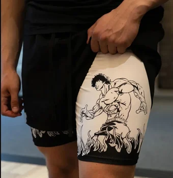 Мужские шорты для фитнеса с аниме Hanma Baki, черные двухслойные быстросохнущие шорты 2 В 1, Летние шорты для фитнеса, бега