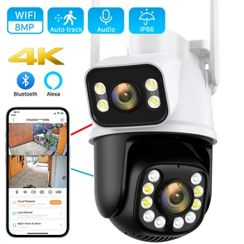 Наружная беспроводная камера безопасности 4K 8MP с двойным объективом и двойным экраном; AI Human Detect Auto Tracking PTZ Wifi Surval-камера iCSee App