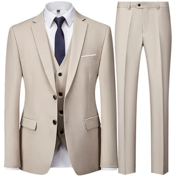 2023 Модный мужской свадебный однотонный Повседневный деловой костюм, комплект из 3 предметов / Мужские блейзеры на двух пуговицах, брюки, жилет, Жилетка