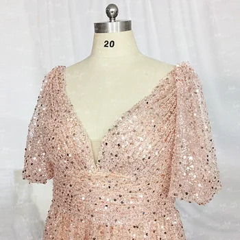 LZF168 Классическое Длинное платье для выпускного вечера с круглым вырезом и пышными рукавами, Блестящее Золотое Вечернее платье в складку, расшитое жемчугом.