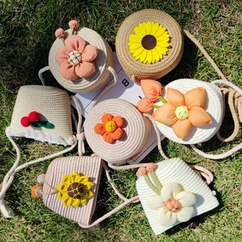 Детская повседневная сумка через плечо ручной работы, плетеная из соломы, милая мини-сумка-мессенджер с цветком, Модные Аксессуары, Детская сумка