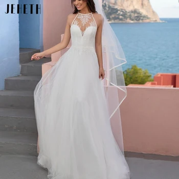JEHETH Сексуальное свадебное платье с открытыми плечами для невесты 2023, Кружевное свадебное платье с аппликацией на декольте, Иллюзия спины, богемное Vestido De Noiva
