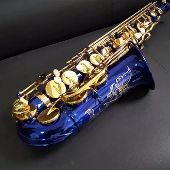 Альт-саксофон 54 Ми-бемоль синий саксофон золотые клавиши с индивидуальной гравировкой узорчатый джазовый инструмент с аксессуарами футляр с футляром