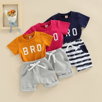 Комплекты летней одежды для маленьких мальчиков, футболка с коротким рукавом и буквенным принтом + однотонные повседневные шорты в полоску 0-24 м