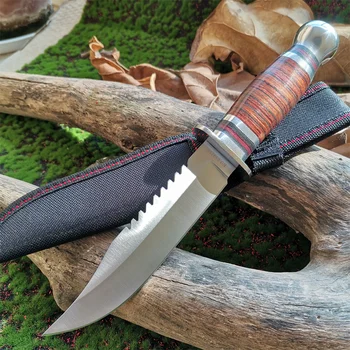Прямой нож с Лезвием 8CR15, Деревянной ручкой и Ножнами - Открытый Тактический Нож с Фиксированным лезвием для Охоты, Кемпинга, Самообороны