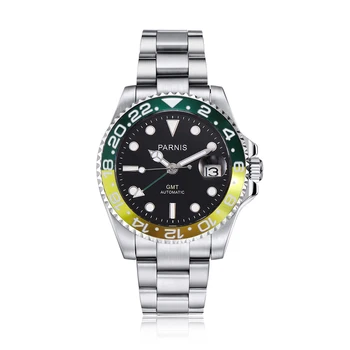 Модные мужские часы Parnis с 40-миллиметровым зеленым золотым безелем, механические автоматические часы с сапфировым календарем Green GMT, мужские часы reloj hombre