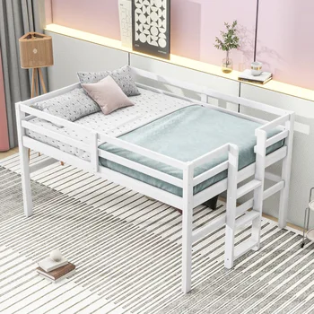 Дизайнерская кровать Античного Серого /Белого цвета, Деревянная Двуспальная кровать-Чердак с Приставной лестницей, Прочная конструкция, Античный Белый