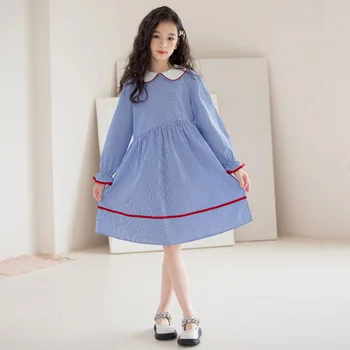 Милые синие платья для девочек на 8-10 лет, хлопковое платье в полоску с длинным рукавом, осенняя корейская одежда 2023 года